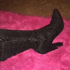Black shimmer Calf high pointy toe boot/heel